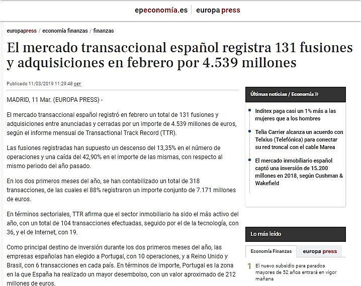 El mercado transaccional espaol registra 131 fusiones y adquisiciones en febrero por 4.539 millones